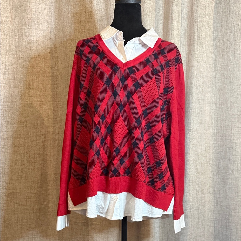 Tommy Hilfiger Red and Black V-Neck Sweater